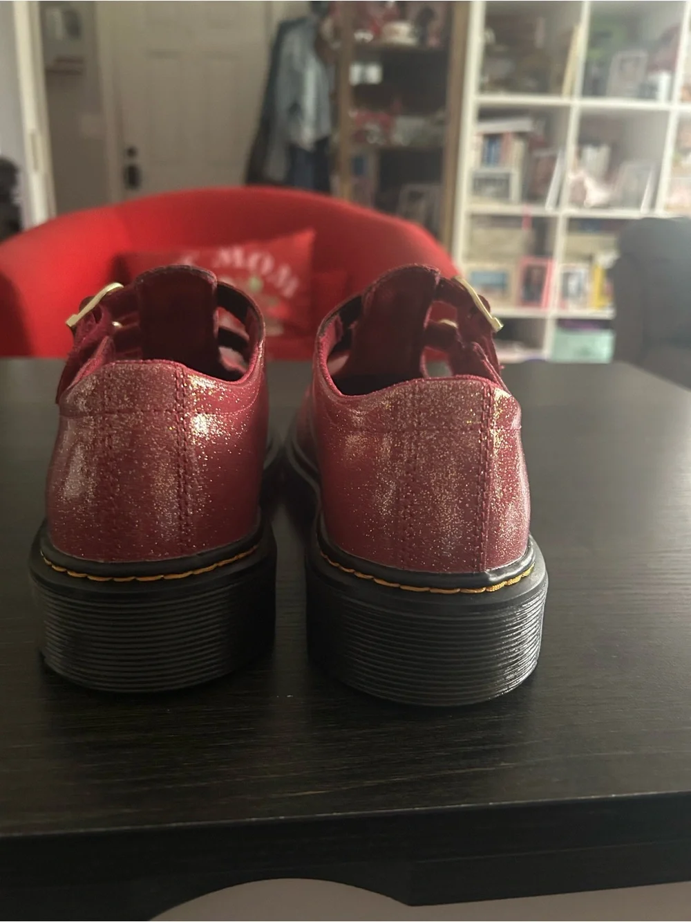 Dr. Martens Women’s 8065 Mary Jane Double Buckle Shoes in Fuchsia Glitter Finish